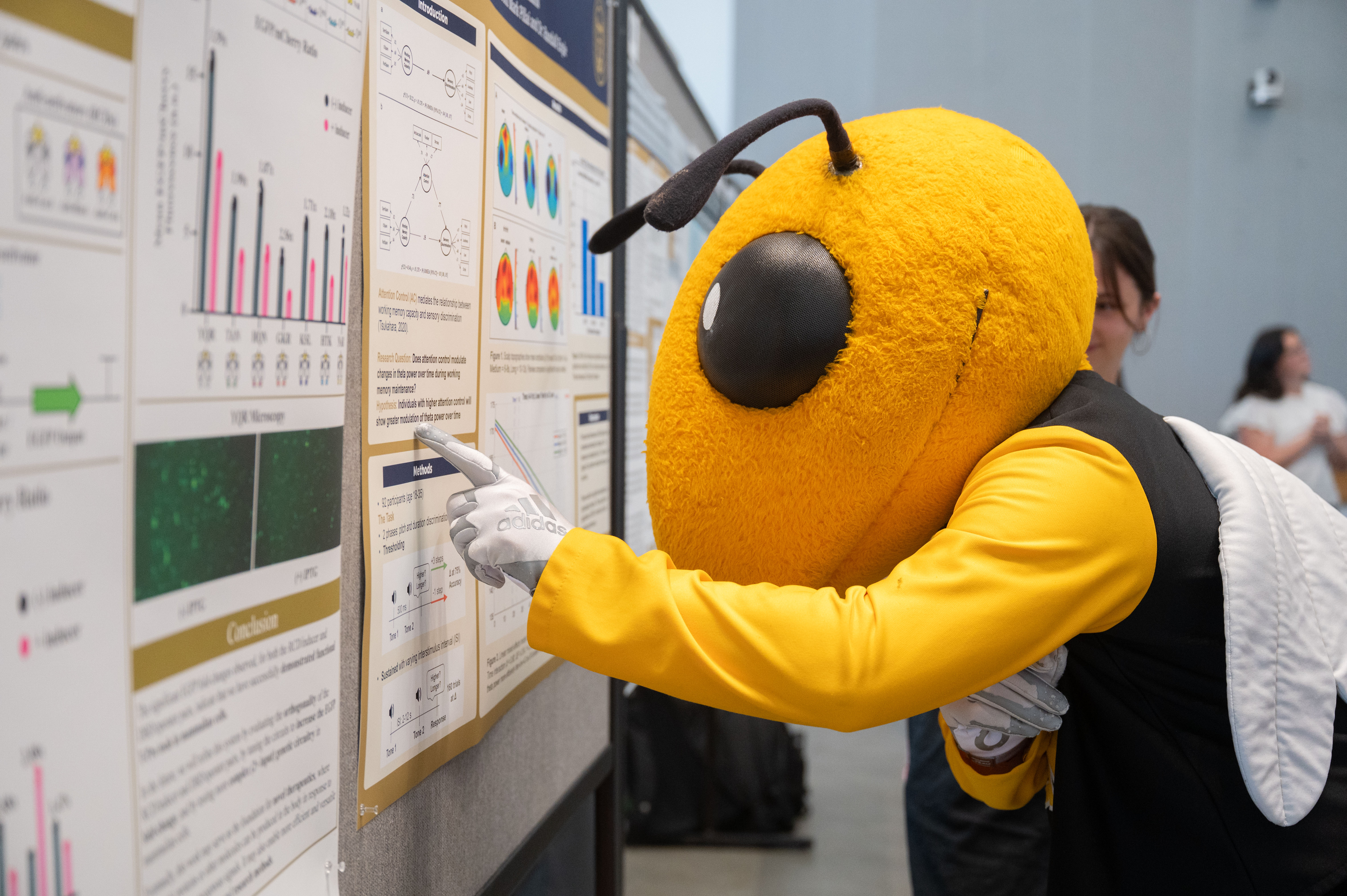 Georgia Tech's Buzz mascot examining a scientific poster