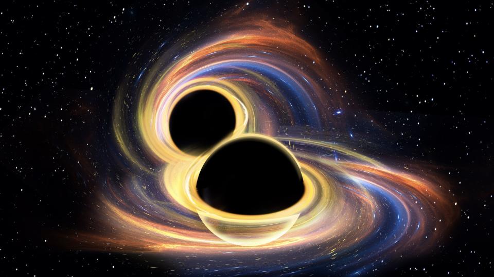 An illustration of the binary black hole merger. (Image credit: Raul Perez and Davis Newell)